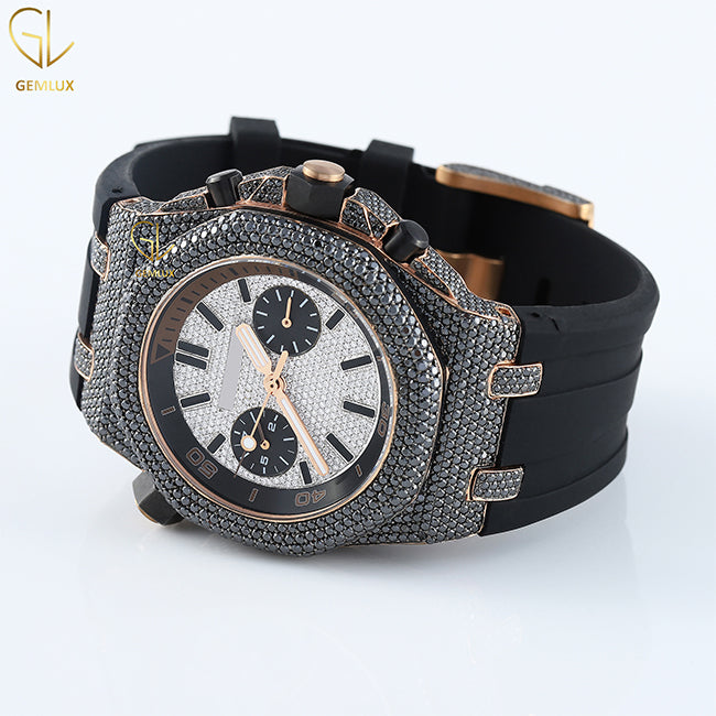 Chronograph Bezel Black Rubber Belt Black & White Moissanite Hip Hop Watch