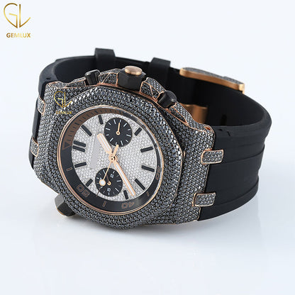 Chronograph Bezel Black Rubber Belt Black & White Moissanite Hip Hop Watch