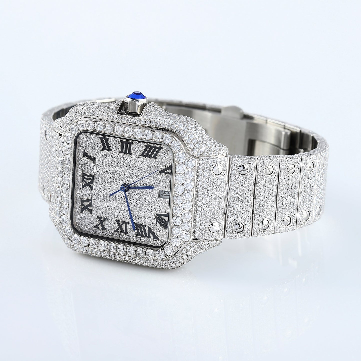 Square Roman Dial Full White Iced Out Lab Grown Diamond Watch