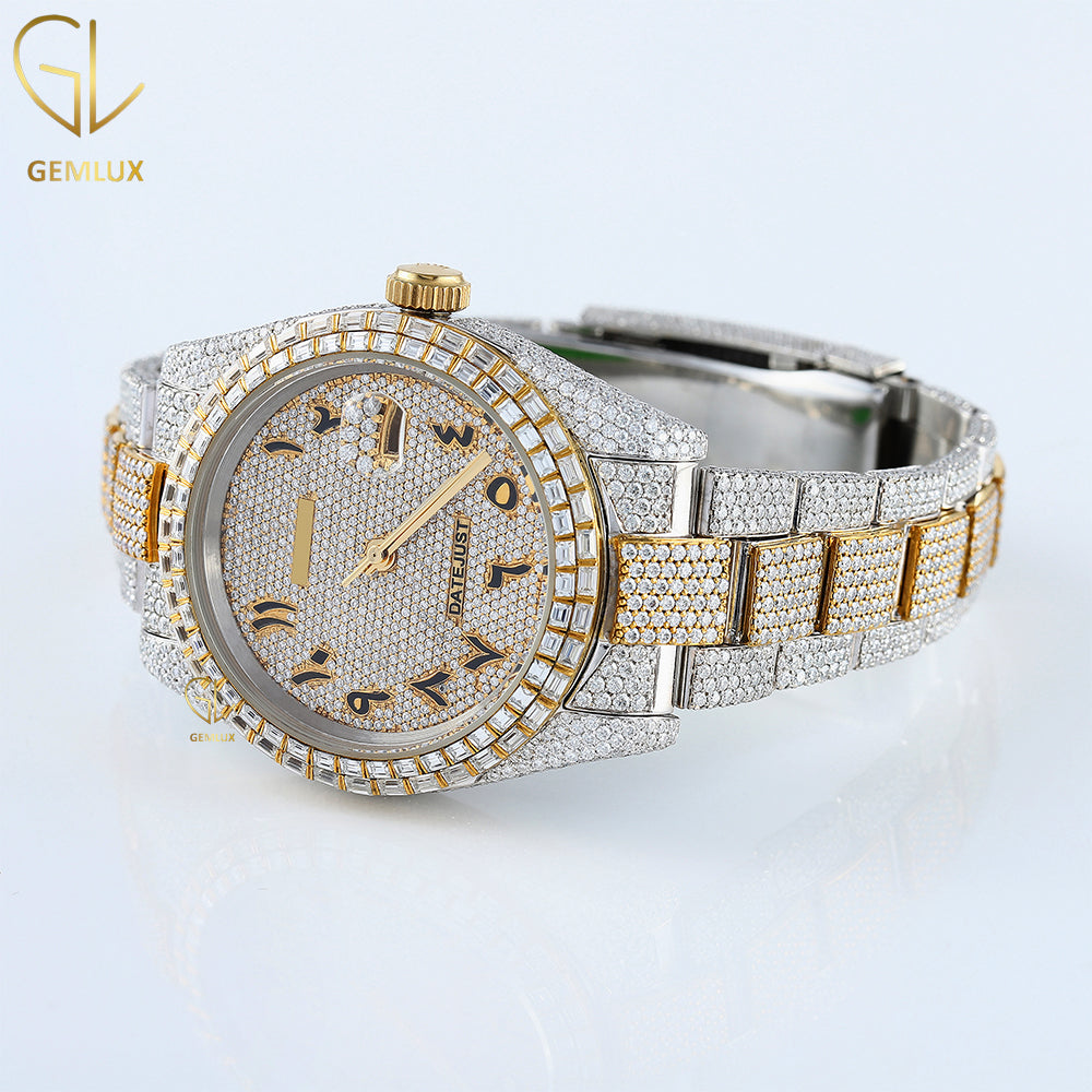 Two Tone Yellow Gold Automatic Movement Arabic Dial Iced Out Lab Grown Watch