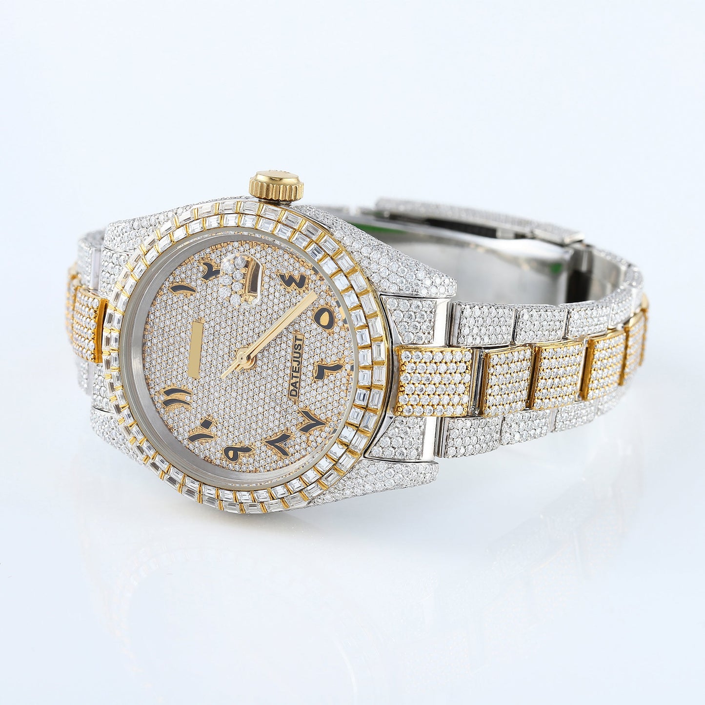 Two Tone Yellow Gold Arabic Dial Iced Out D VVS Moissanite Diamond Watch