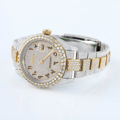 Two Tone Yellow Gold Arabic Dial Iced Out D VVS Moissanite Diamond Watch