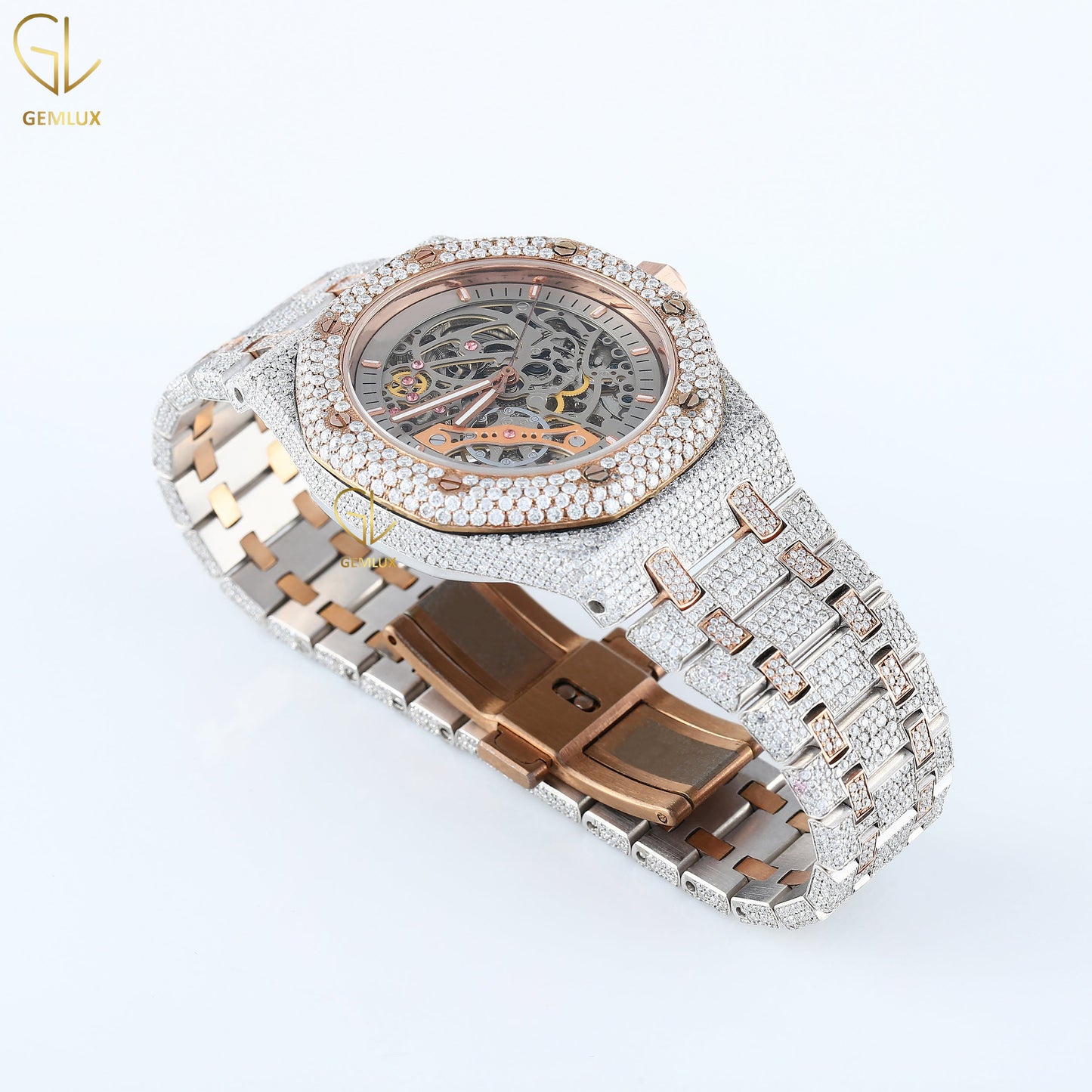 Two Tone Rose Gold Skeleton Dial Iced Out Lab Grown Diamond Watch