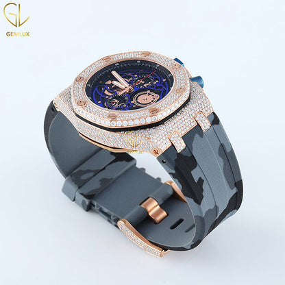 Grey Camouflage Rubber Belt Iced Out Bezel Moissanite Watch