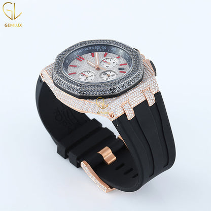 Chronograph Iced Out VVS Moissanite Dial Black Rubber Strap Watch