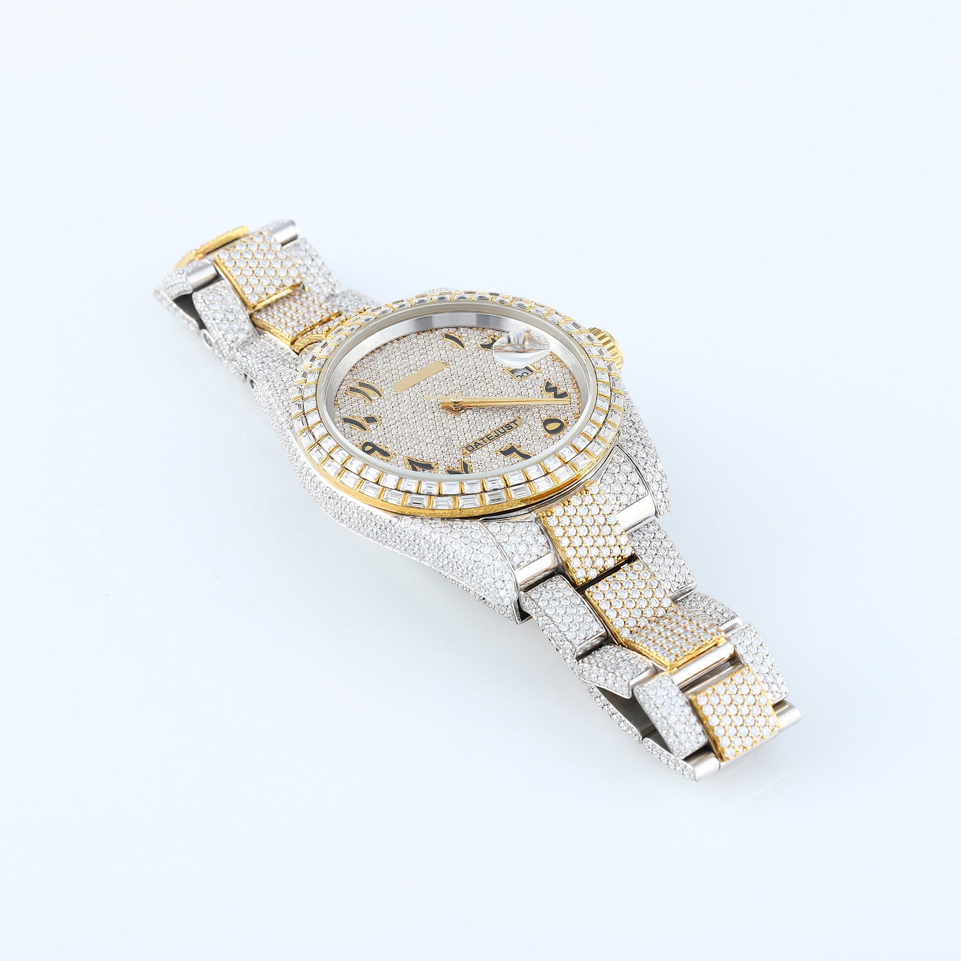 Two Tone Yellow Gold Arabic Dial Iced Out D VVS Moissanite Diamond Watch