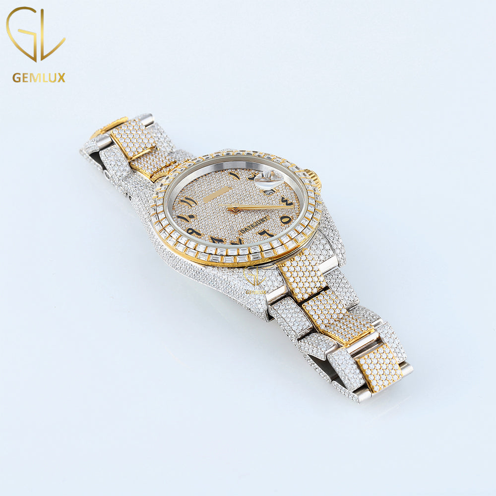 Two Tone Yellow Gold Automatic Movement Arabic Dial Iced Out Lab Grown Watch