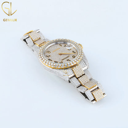 Two Tone Yellow Gold Automatic Movement Arabic Dial Iced Out Lab Grown Watch