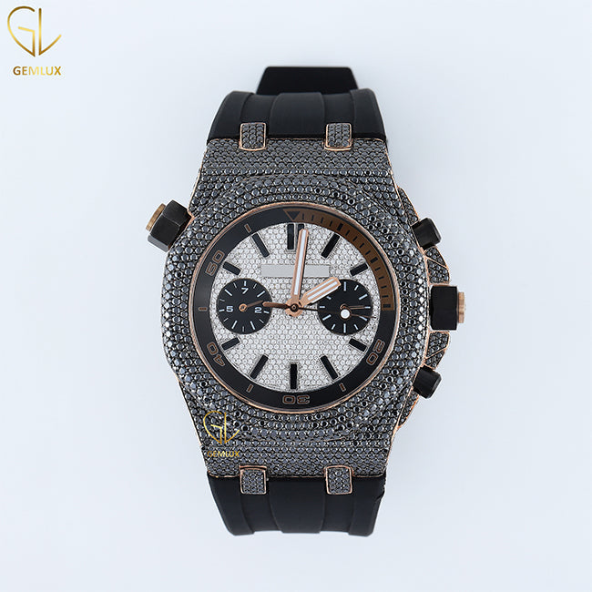 Chronograph Bezel Black Rubber Belt Black & White Moissanite Hip Hop Watch