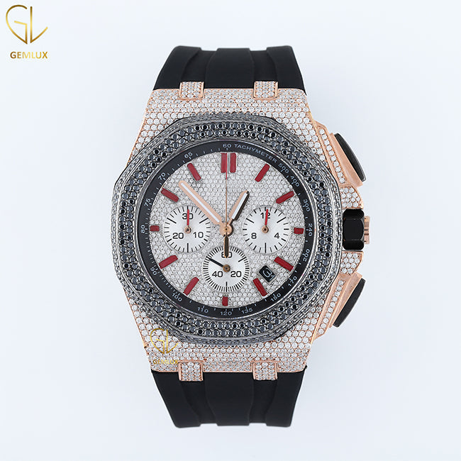 Chronograph Iced Out VVS Moissanite Dial Black Rubber Strap Watch