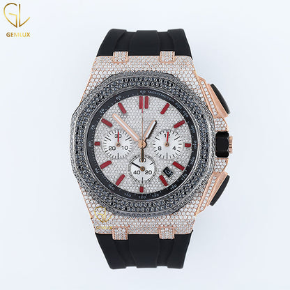 Chronograph Iced Out VVS Moissanite Dial Black Rubber Strap Watch