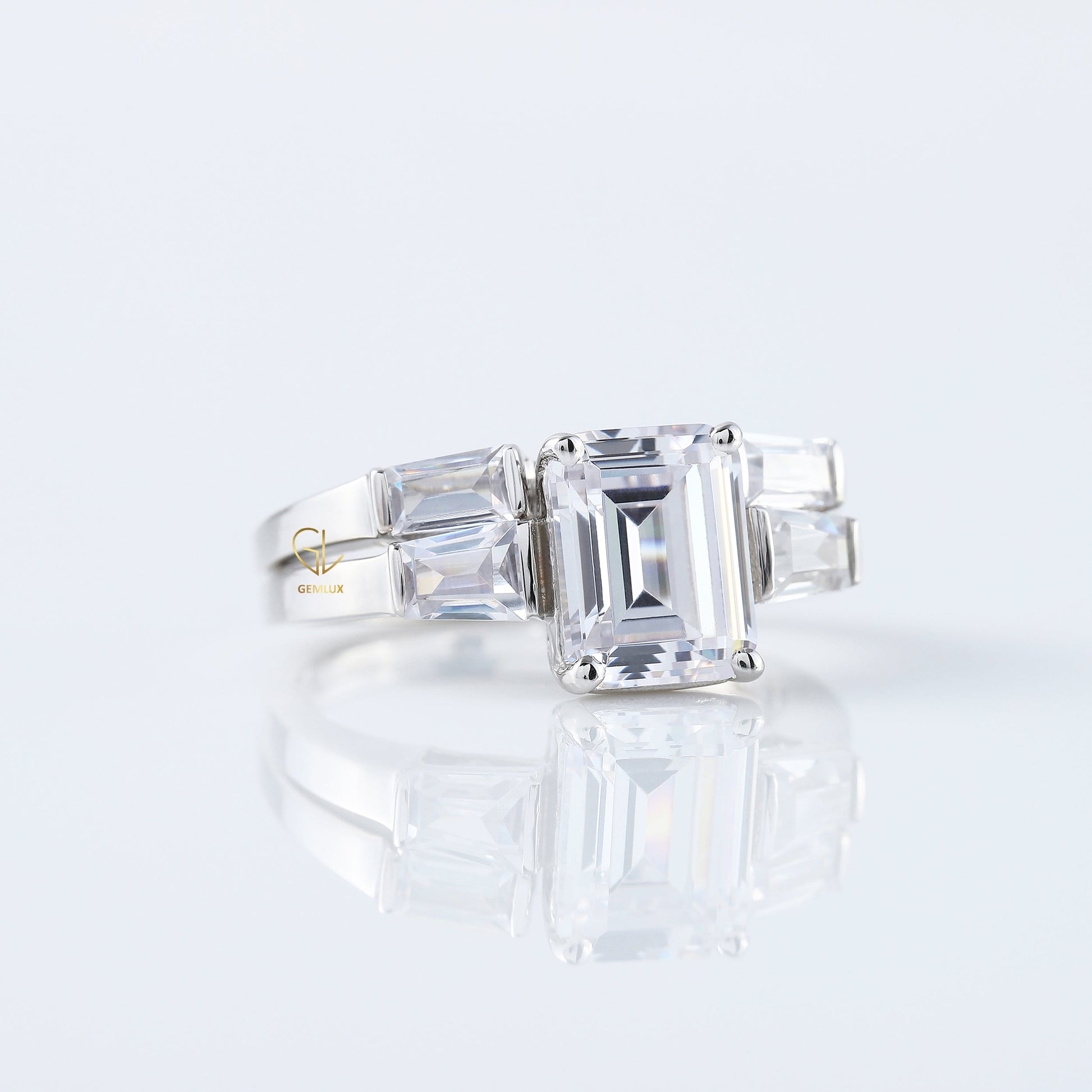 Emerald Cut Moissanite Diamond Three Stone Engagement Ring With Matching Open Cuff Band