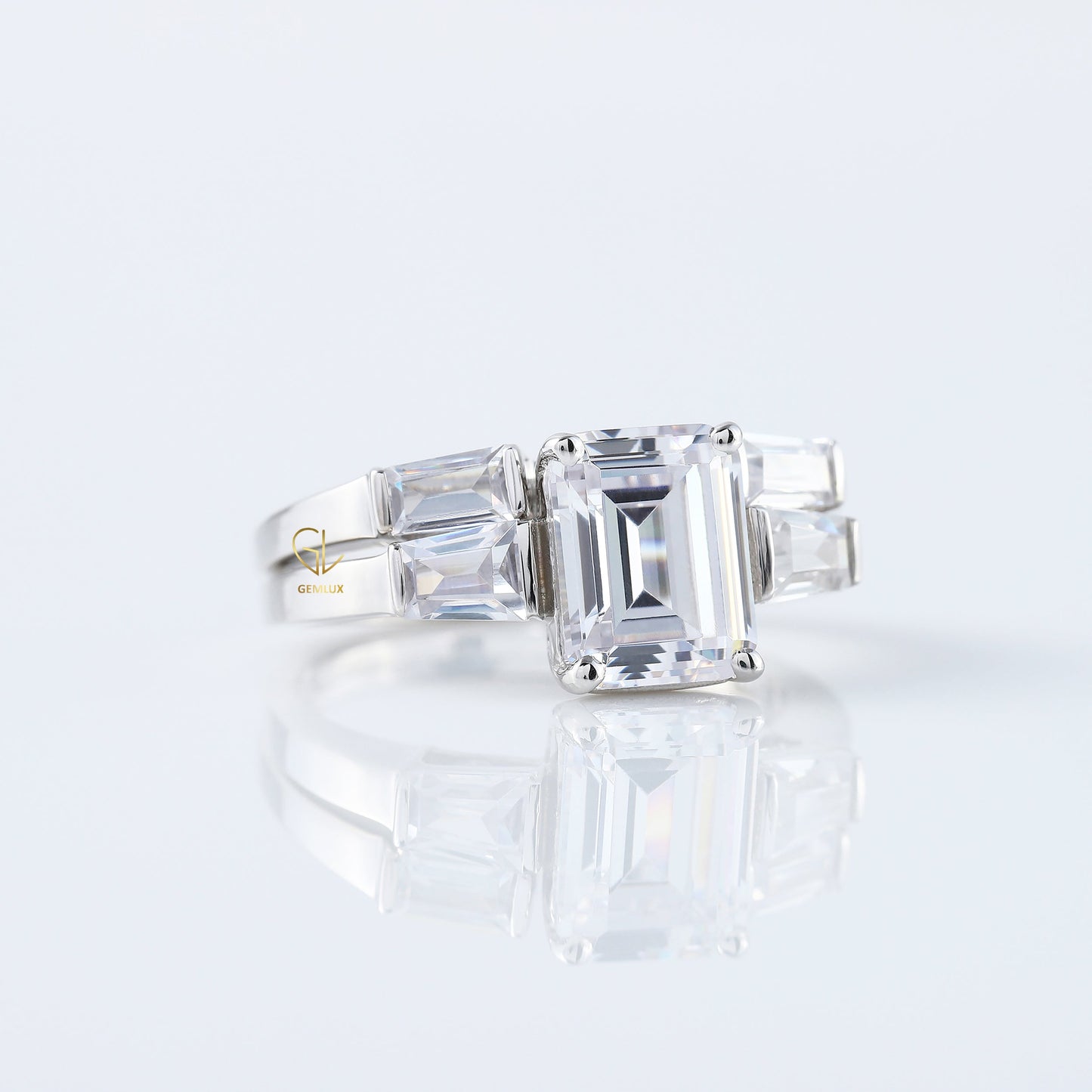 Emerald Cut Moissanite Diamond Three Stone Engagement Ring With Matching Open Cuff Band