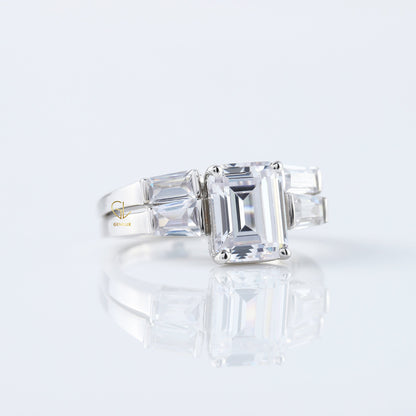 Emerald Cut Moissanite Diamond Three Stone Engagement Ring With Matching Open Cuff Band