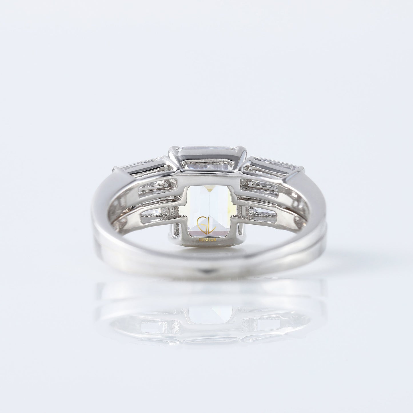 Emerald Cut Moissanite Diamond Three Stone Engagement Ring With Matching Open Cuff Band