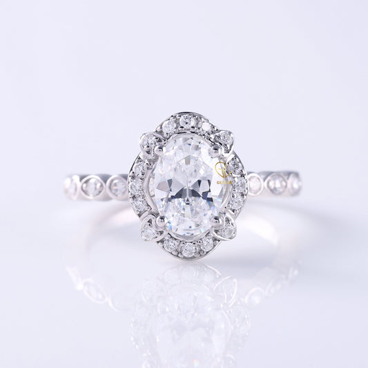 Art Deco Oval Cut Moissanite Diamond Halo Engagement Ring
