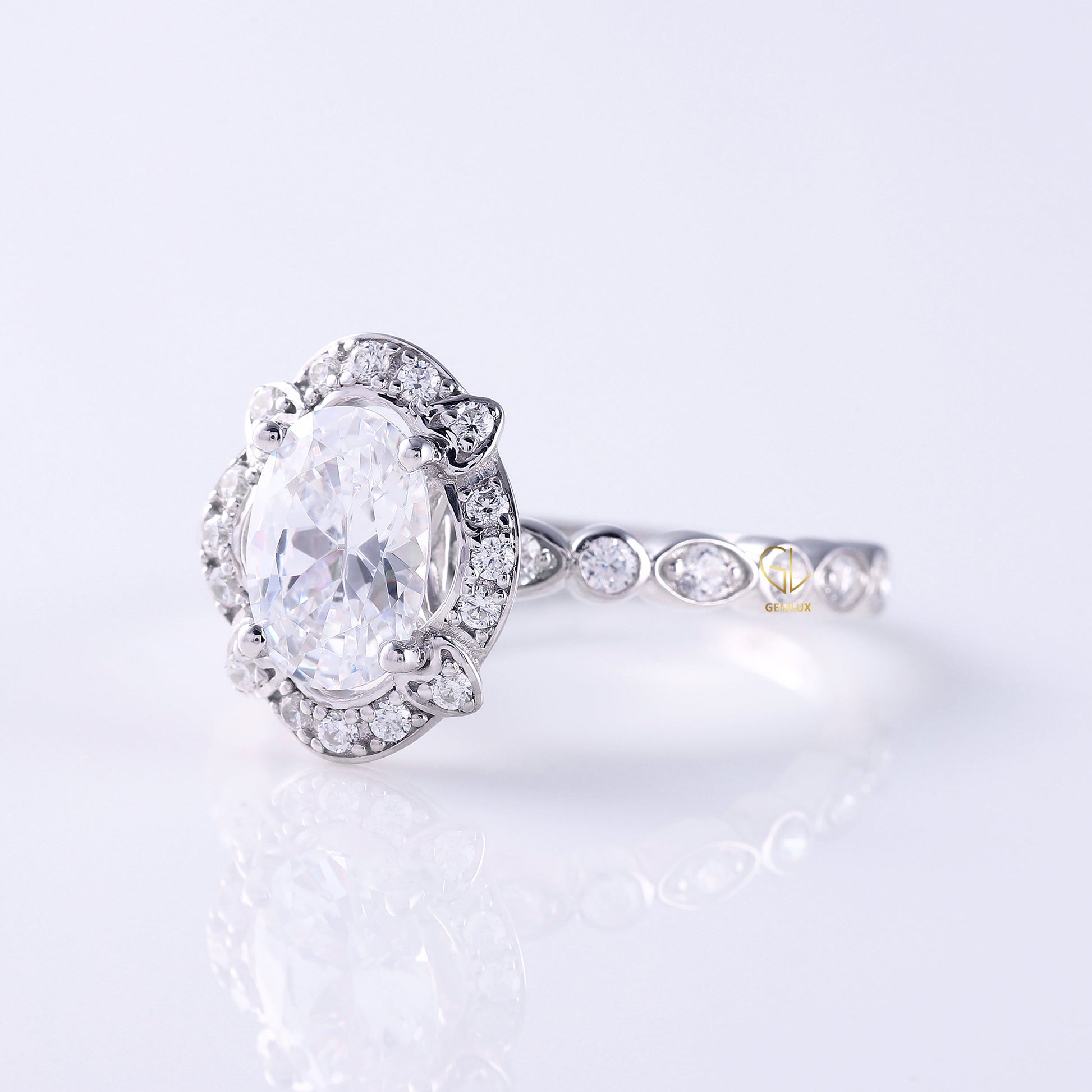 Certified Oval Cut Lab Grown Diamond Art Deco Halo Engagement Ring