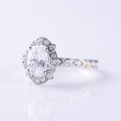 Certified Oval Cut Lab Grown Diamond Art Deco Halo Engagement Ring