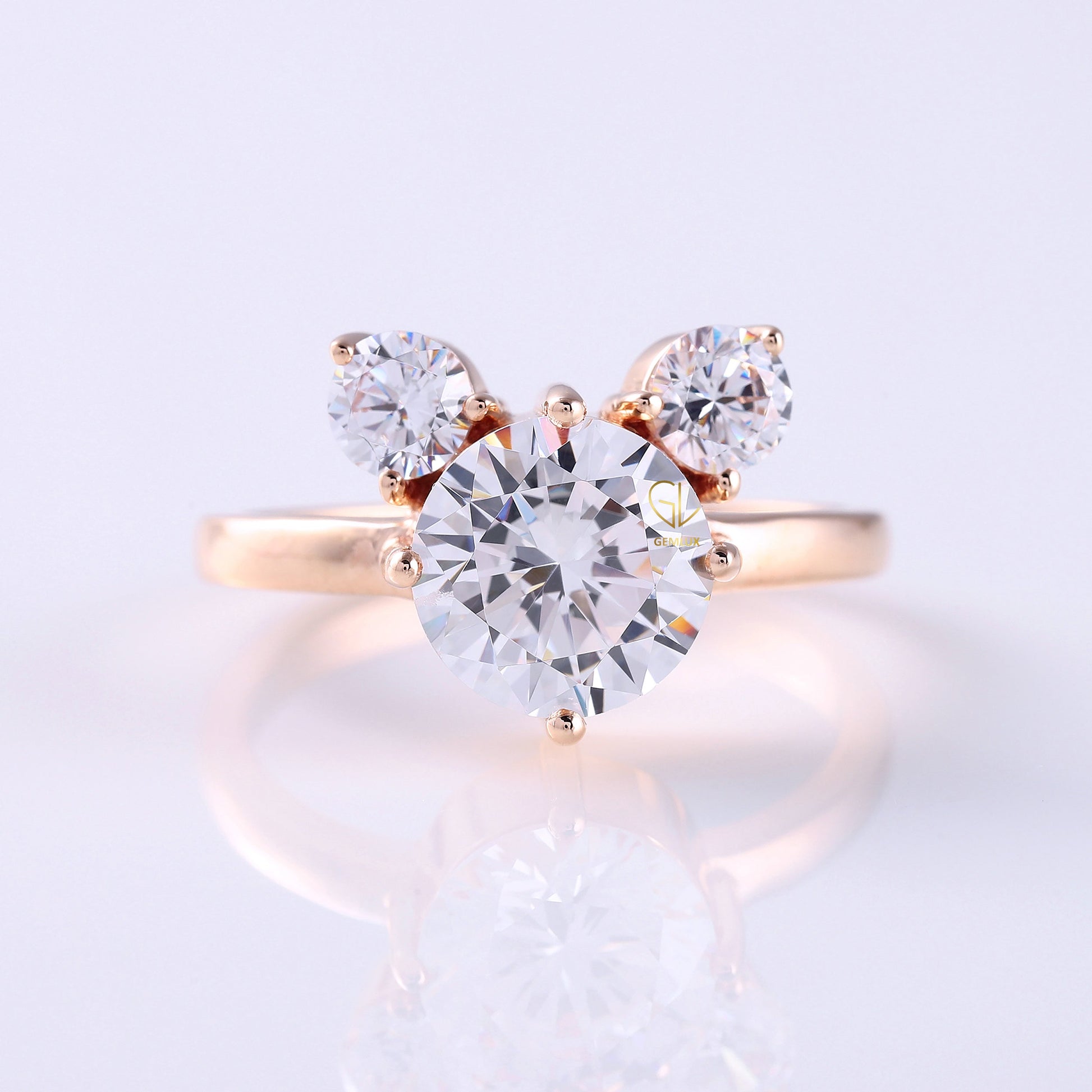 Mickey Mouse Round Cut Moissanite Diamond Three Stone Engagement Ring