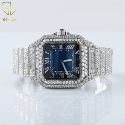 Iced Out Roman Blue Dial D VVS Moissanite Watch