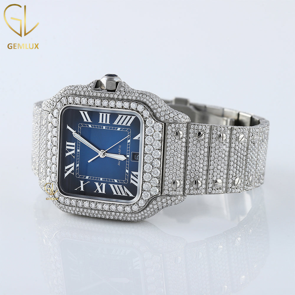 Iced Out Roman Blue Dial D VVS Moissanite Watch