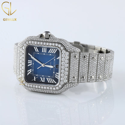 Square Roman Dial Blue Face Iced Out Certified Lab Grown Watch
