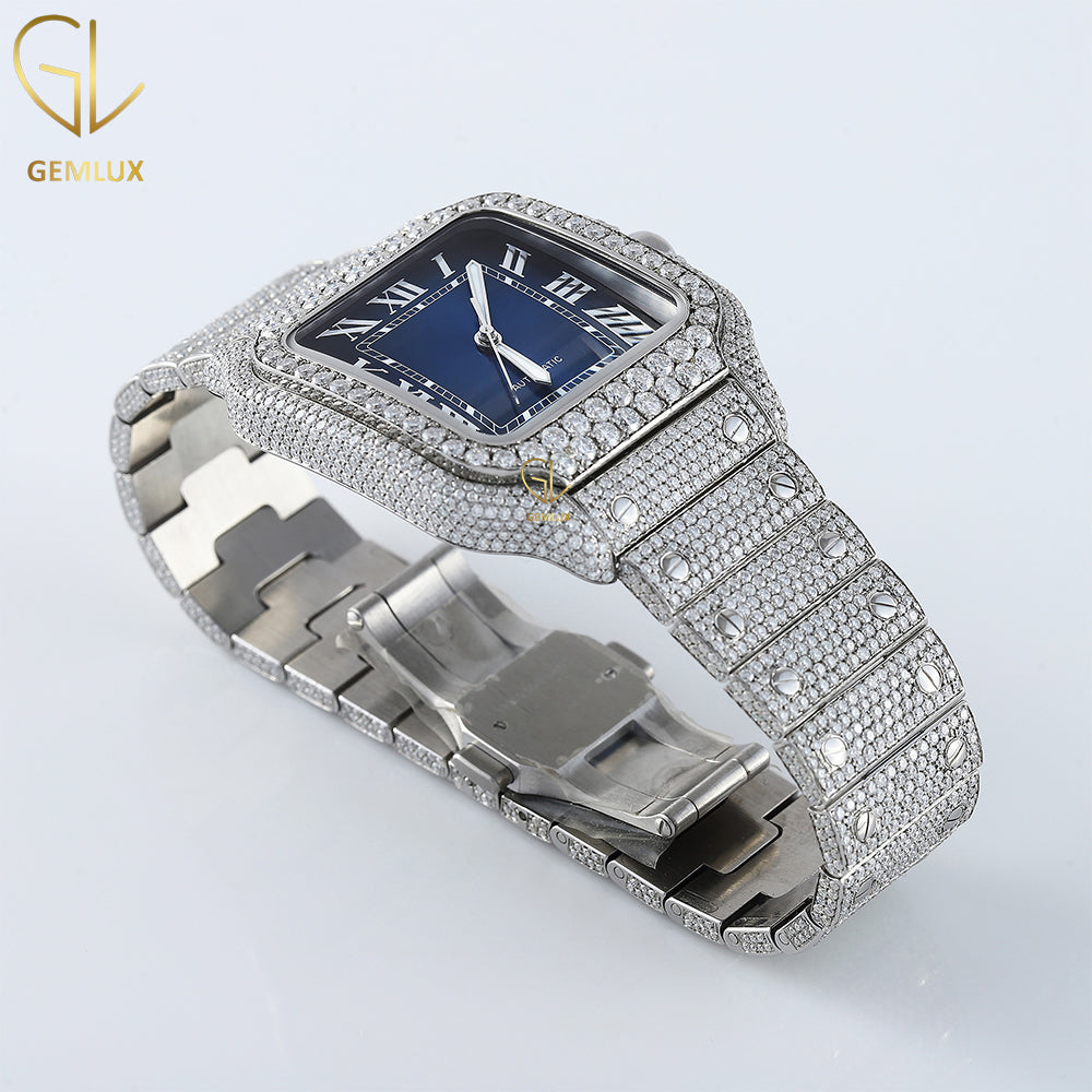 Square Roman Dial Blue Face Iced Out Certified Lab Grown Watch