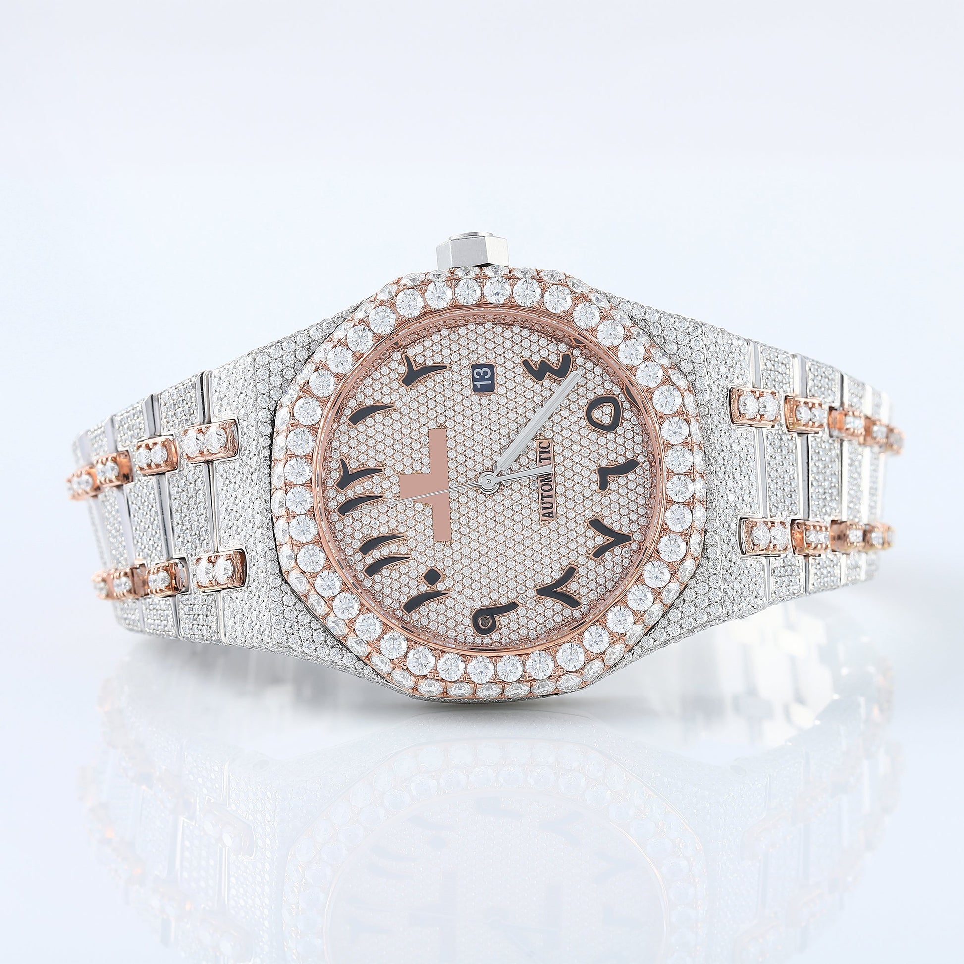 Two Tone Rose Gold Arabic Dial Iced Out VVS Moissanite Diamond Watch