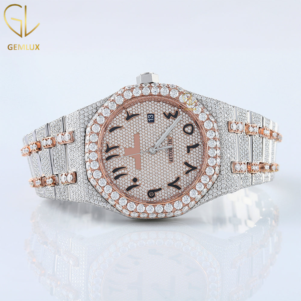 Iced Out Two Tone Rose Gold Arabic Dial Lab Grown Watch