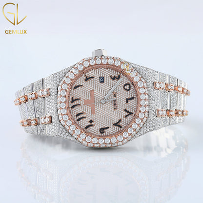 Iced Out Two Tone Rose Gold Arabic Dial Lab Grown Watch