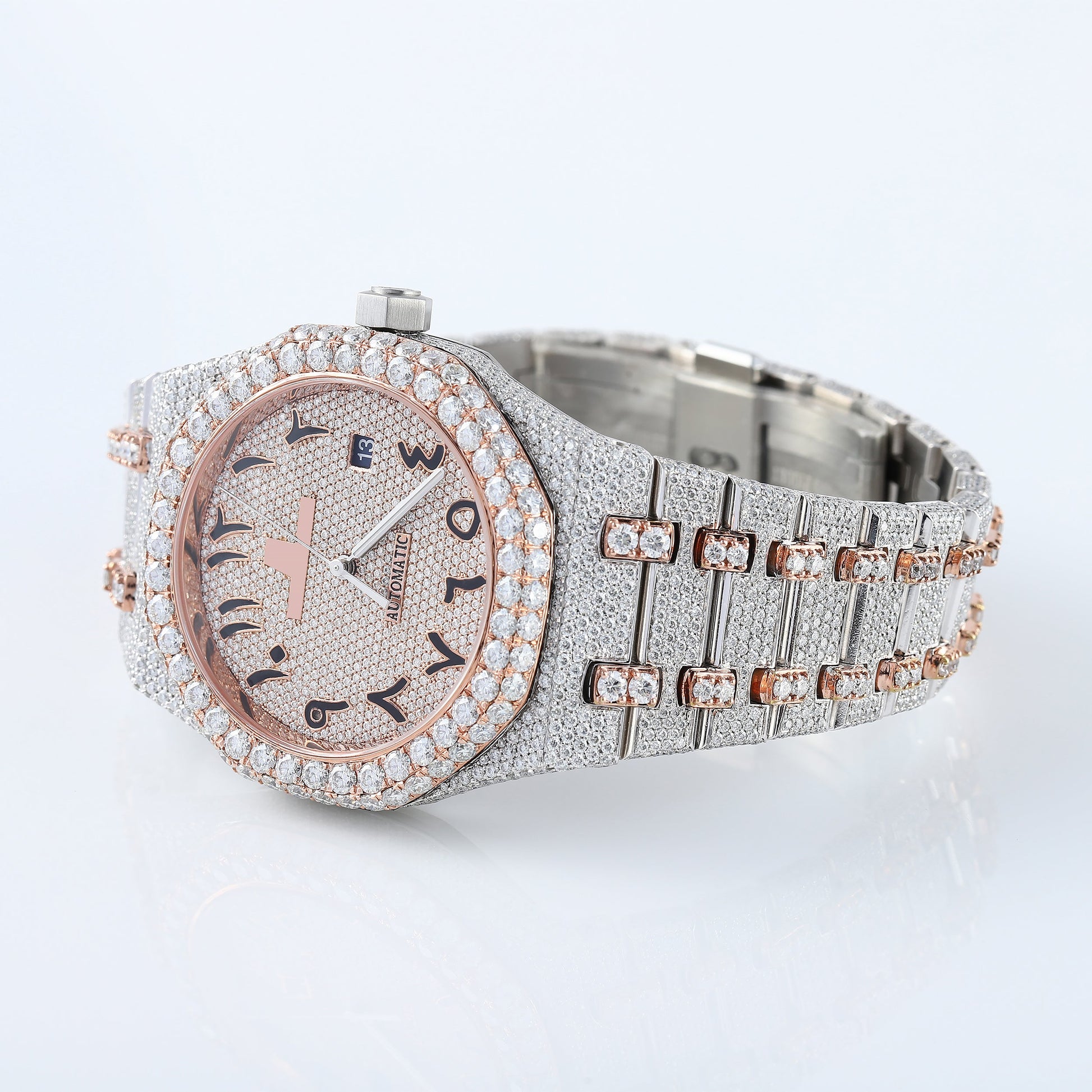 Two Tone Rose Gold Arabic Dial Iced Out VVS Moissanite Diamond Watch