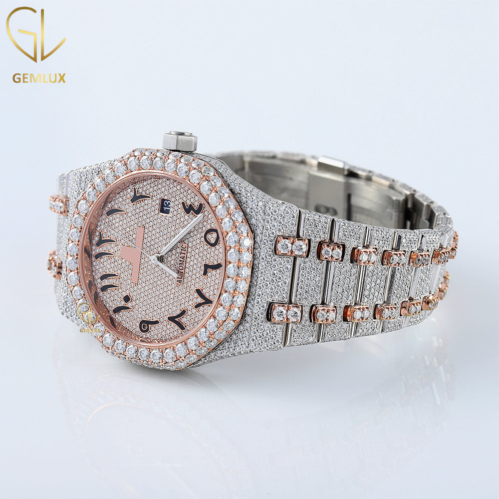 Iced Out Two Tone Rose Gold Arabic Dial Lab Grown Watch