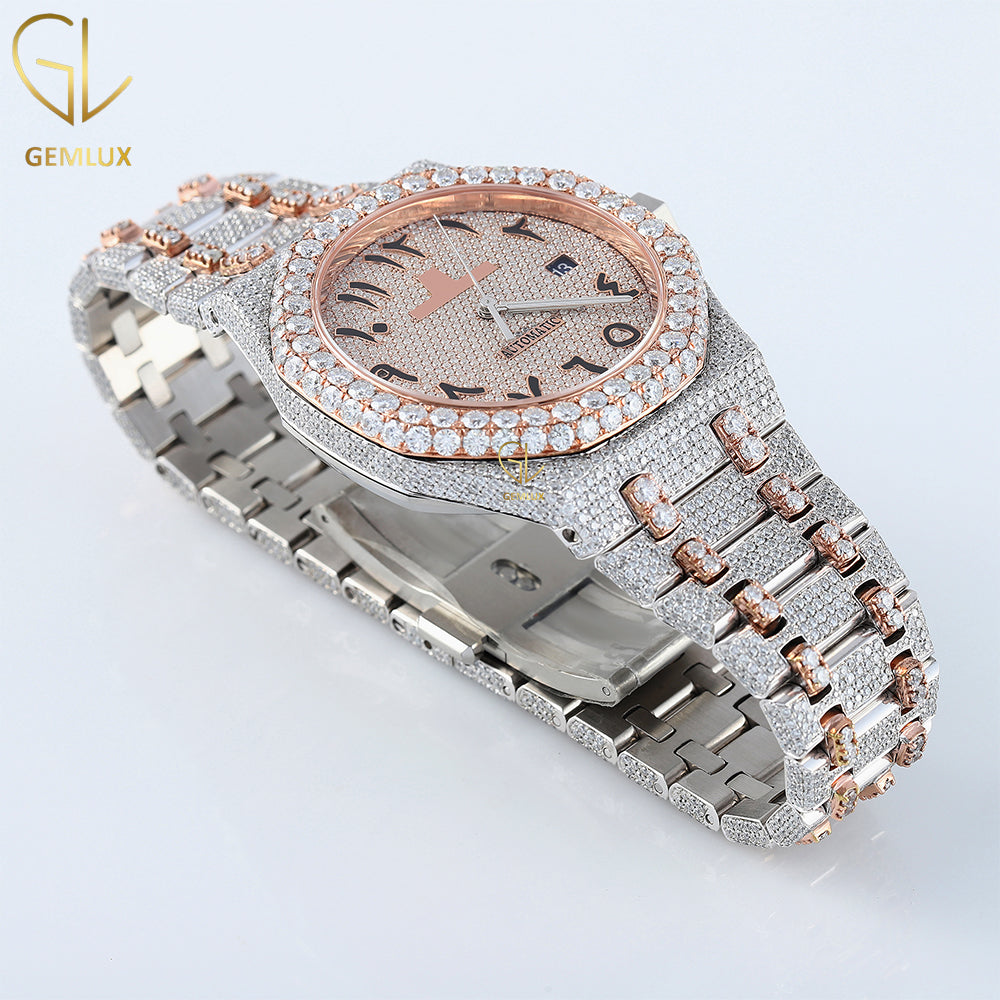 Iced Out Two Tone Rose Gold Arabic Dial Lab Grown Watch