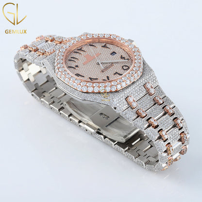Iced Out Two Tone Rose Gold Arabic Dial Lab Grown Watch