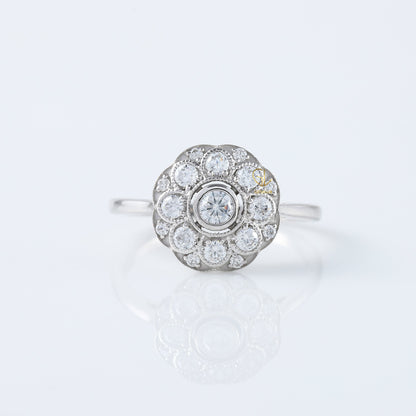 Art Deco Round Cut Moissanite Diamond Bezel Set Floral Halo Engagement Ring