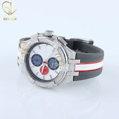 Chronograph Moissanite Diamond Rubber Strap Hip Hop Watch For Men