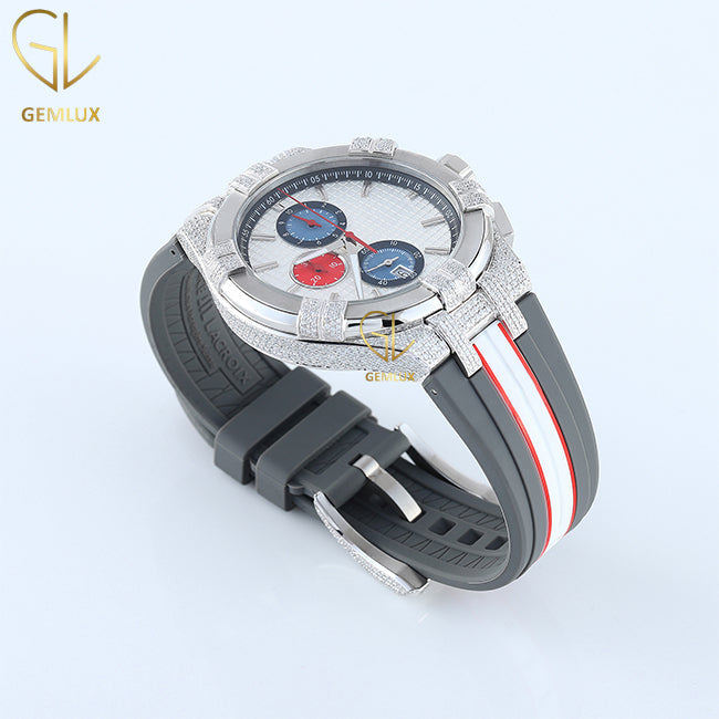 Chronograph Moissanite Diamond Rubber Strap Hip Hop Watch For Men