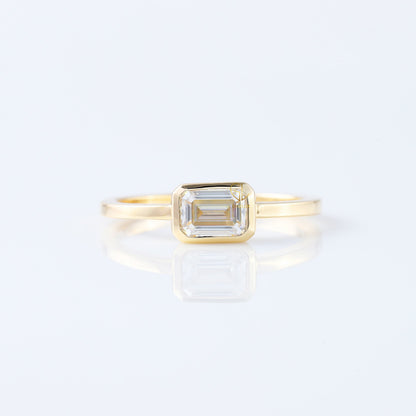 East to West Emerald Lab Grown Diamond Bezel Set Classic Solitaire Engagement Ring
