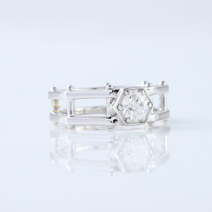 Round Cut Moissanite Diamond Hexagonal Rivet Solitaire Men's Engagement Ring