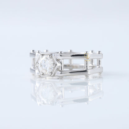 IGI Certified Round Cut Lab Grown Diamond Hexagonal Rivet Solitaire Men's Engagement Ring