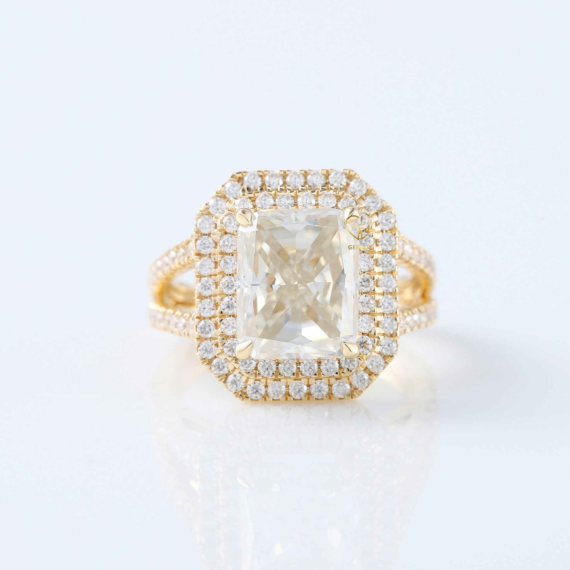  IGI Certified Radiant Cut Lab Grown Diamond Split Shank Double Halo Engagement Ring