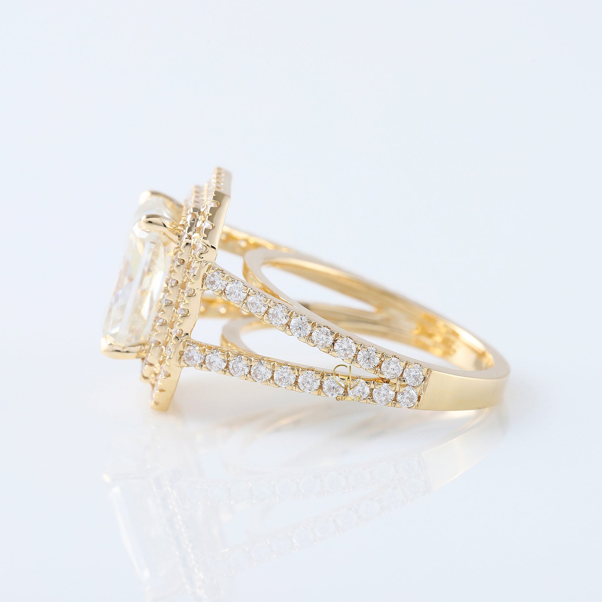 IGI Certified Radiant Cut Lab Grown Diamond Split Shank Double Halo Engagement Ring