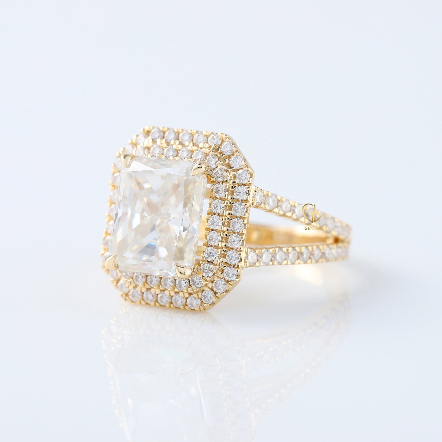 Split Shank Radiant Cut Moissanite Halo Engagement Ring