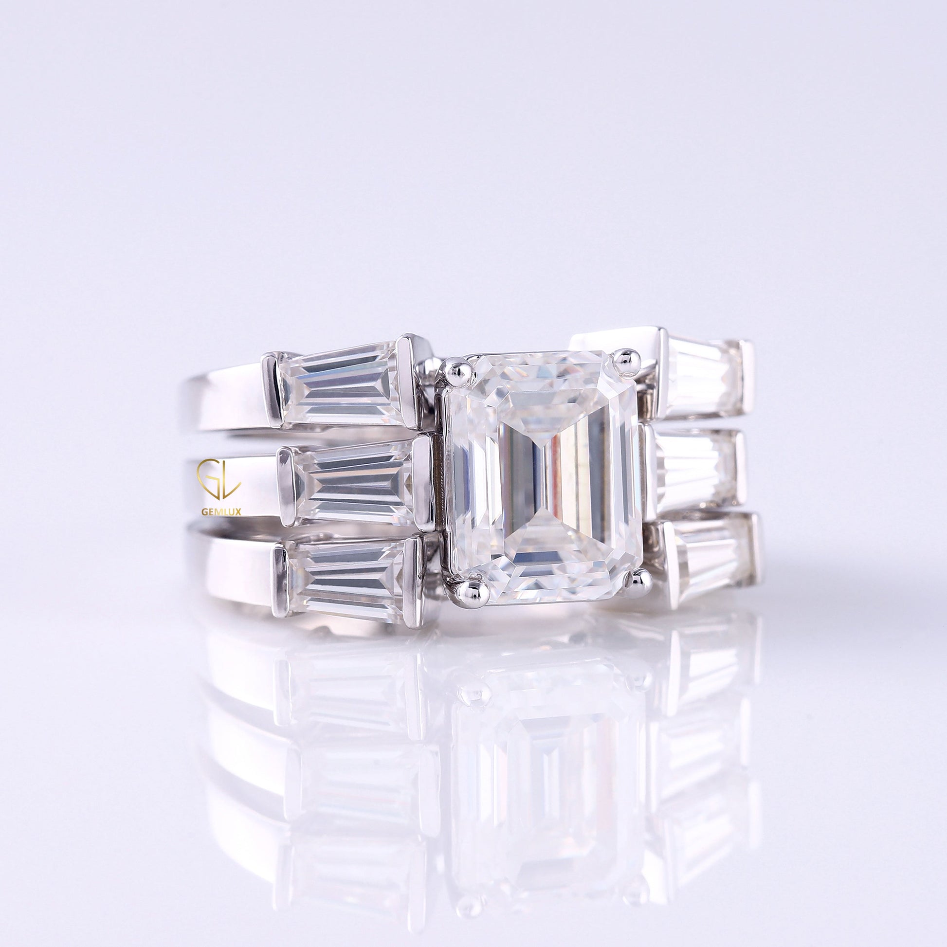Three Stone Emerald Cut Moissanite Trio Ring Set