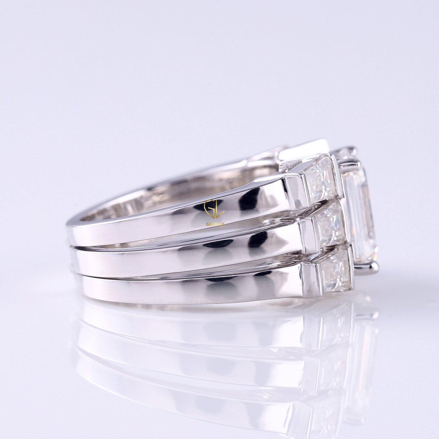 Three Stone Emerald Cut Moissanite Trio Ring Set