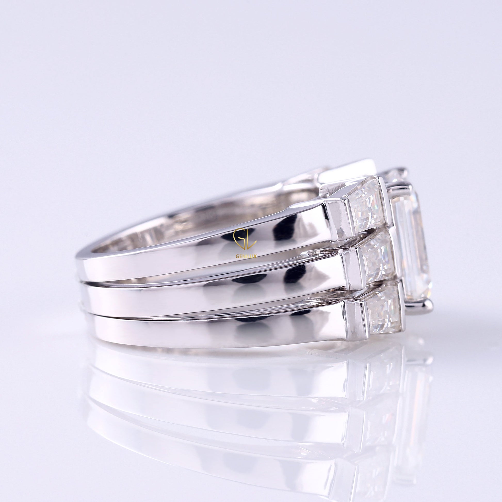 Three Stone Emerald Cut Moissanite Trio Ring Set