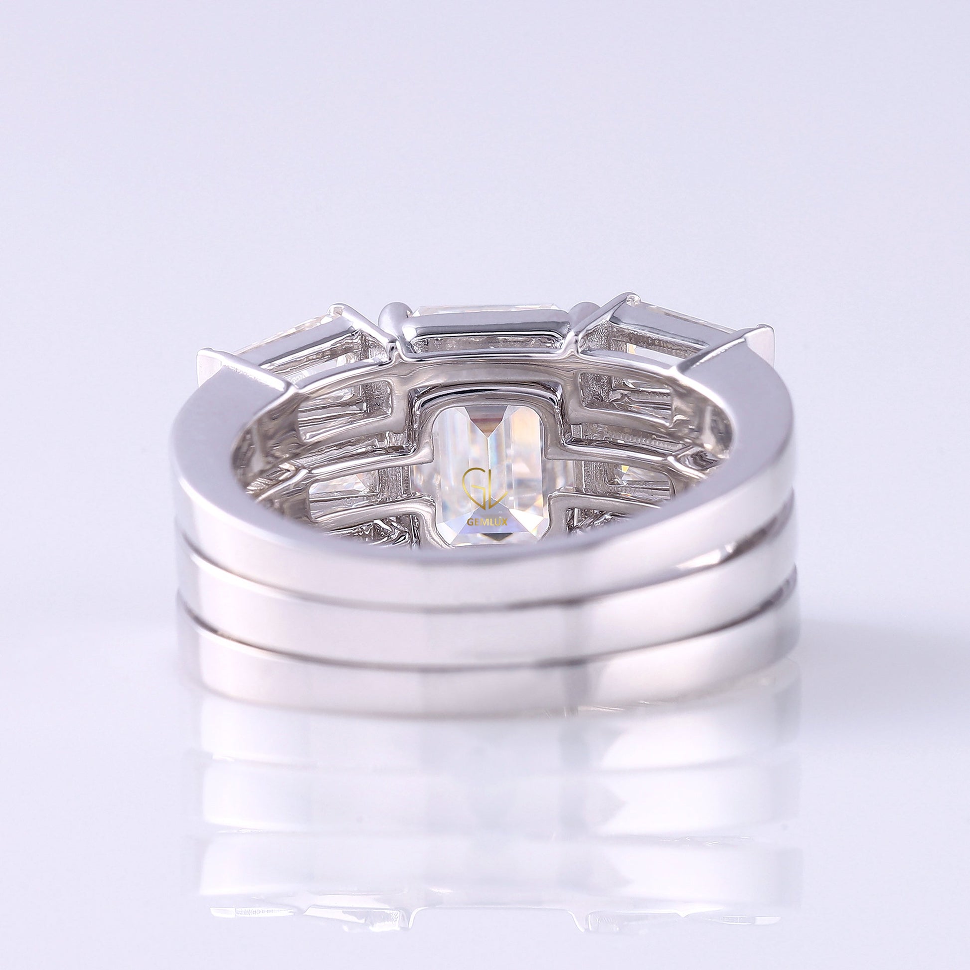 Three Stone Emerald Cut Moissanite Trio Ring Set