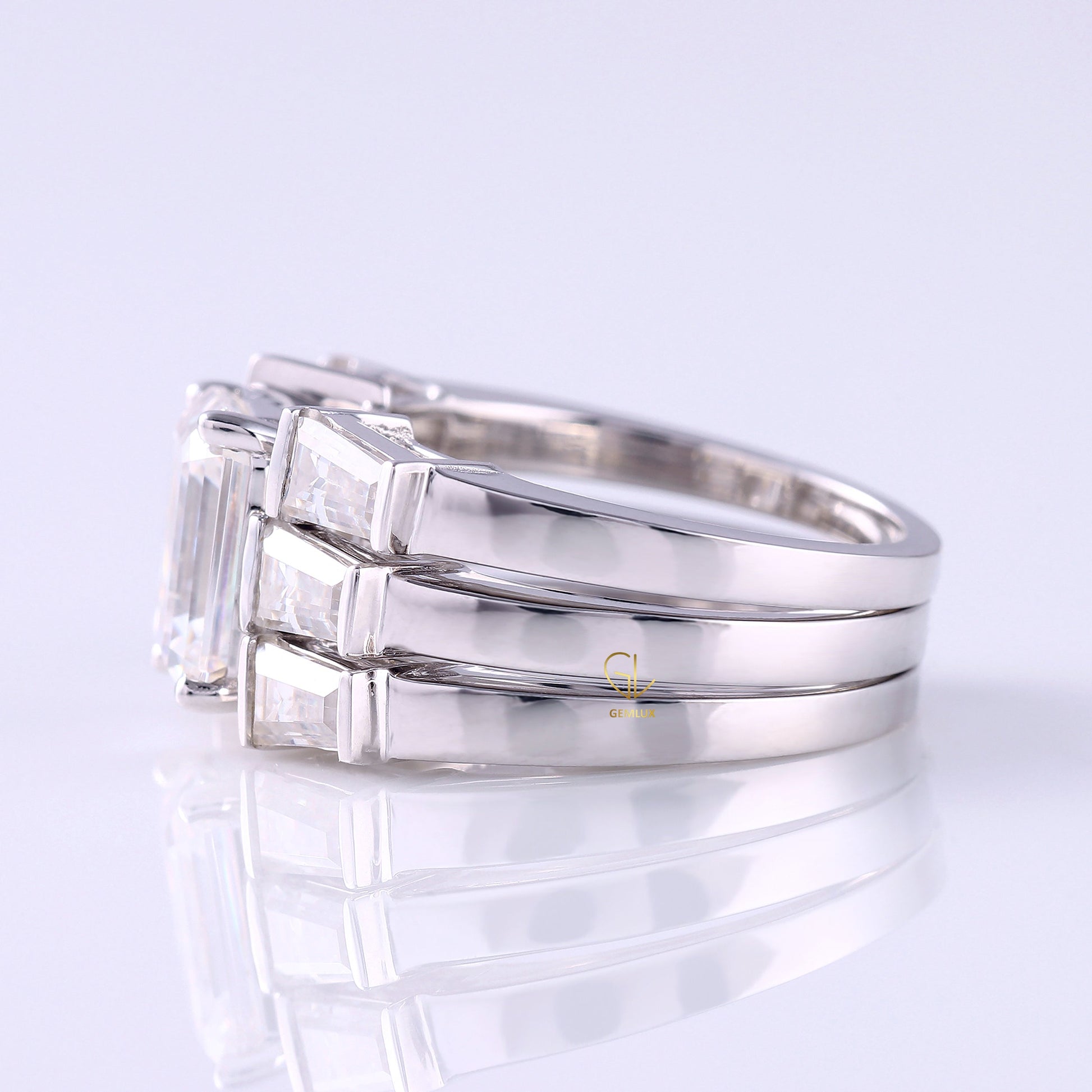 Three Stone Emerald Cut Moissanite Trio Ring Set