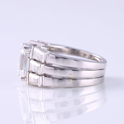Three Stone Emerald Cut Moissanite Trio Ring Set