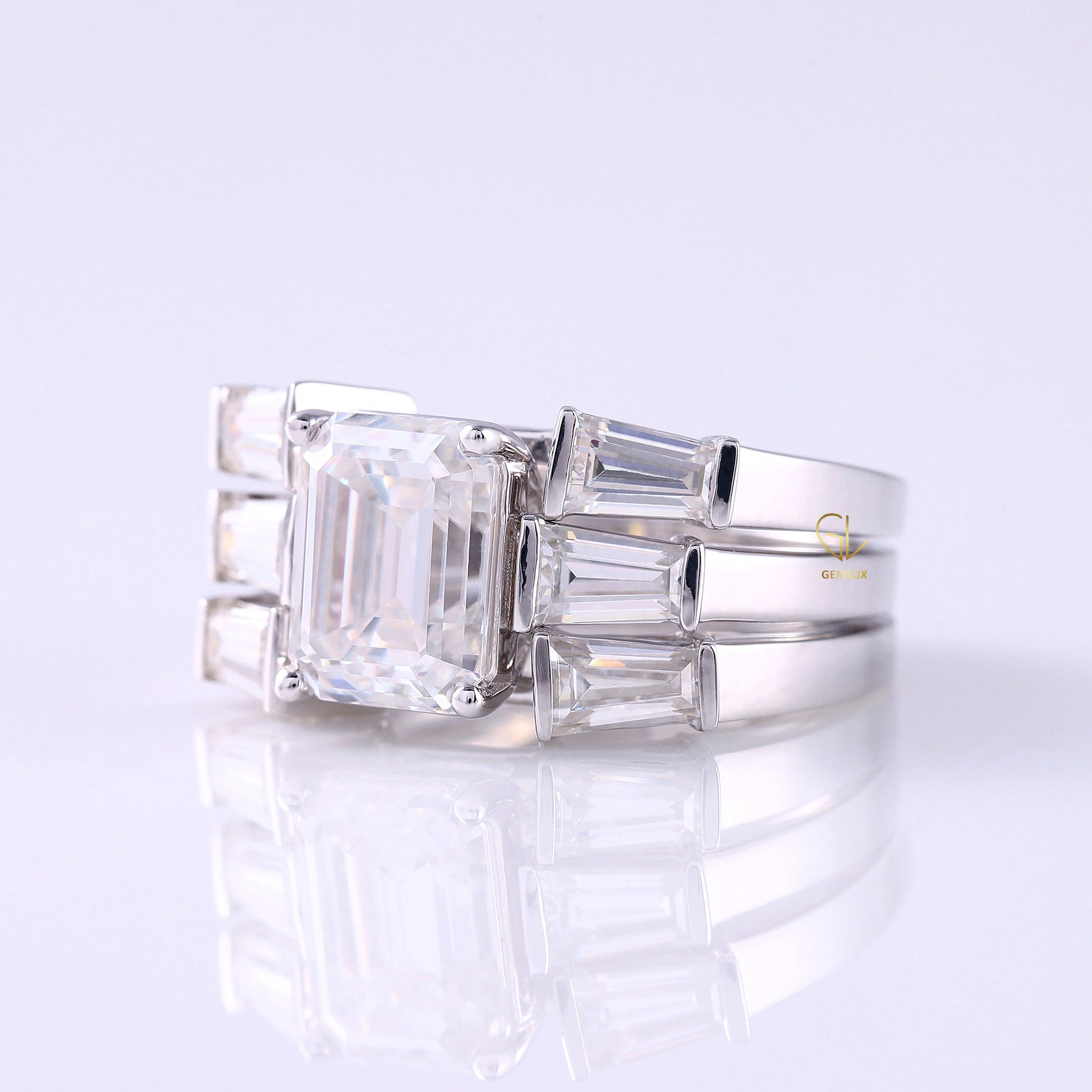 Three Stone Emerald Cut Moissanite Trio Ring Set